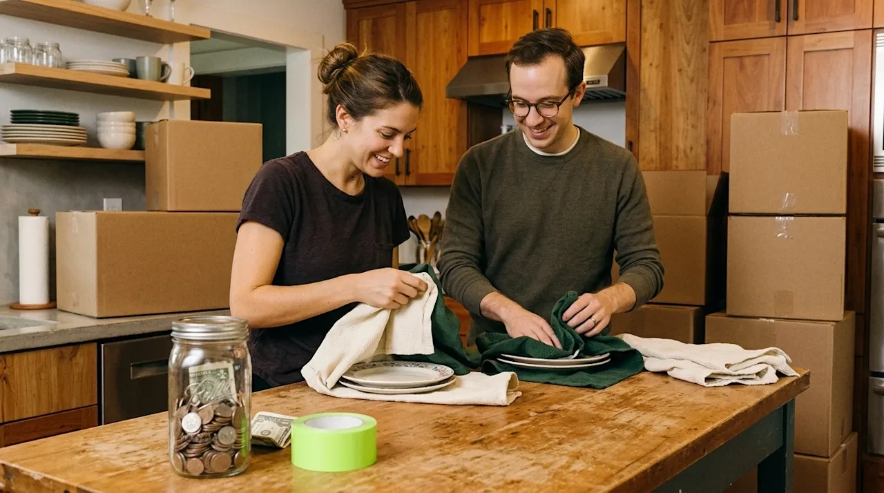 A candid, authentic lifestyle photograph of a young couple packing their kitchen for a move, demonstrating money-saving techn