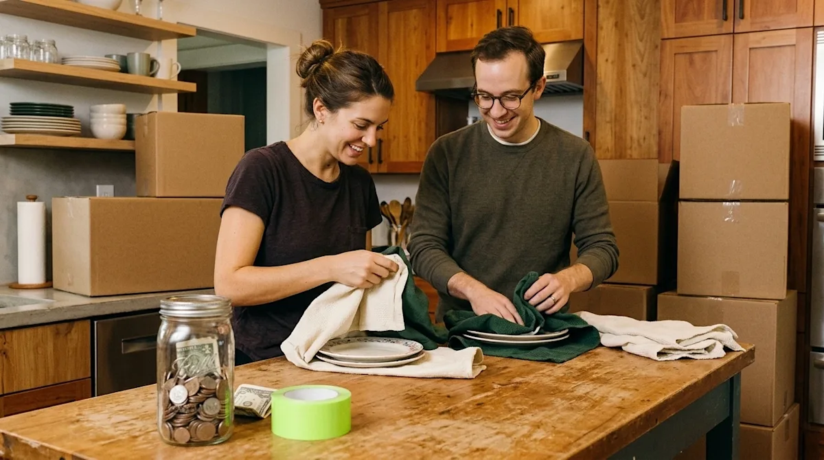 A candid, authentic lifestyle photograph of a young couple packing their kitchen for a move, demonstrating money-saving techn