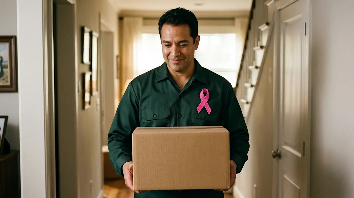 A high-quality, candid lifestyle photograph of a caring professional mover in a dark forest green uniform shirt, gently carry