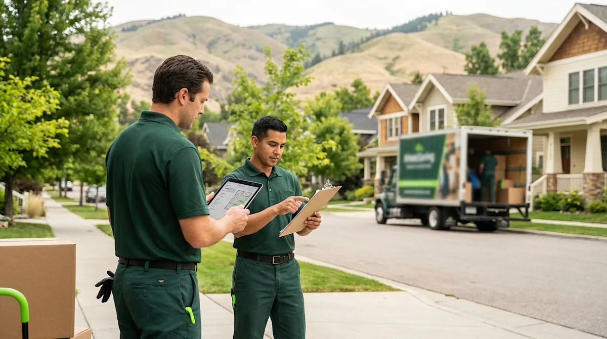 Professional movers in green uniforms consulting a tablet in a scenic Boise, Idaho neighborhood with rolling foothills.