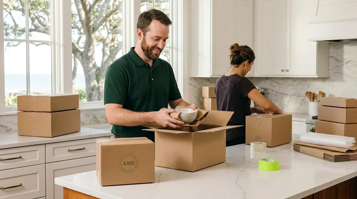 Clear, professional marketing photography of a stress-free packing scene inside a bright, airy coastal home in Hilton Head. A