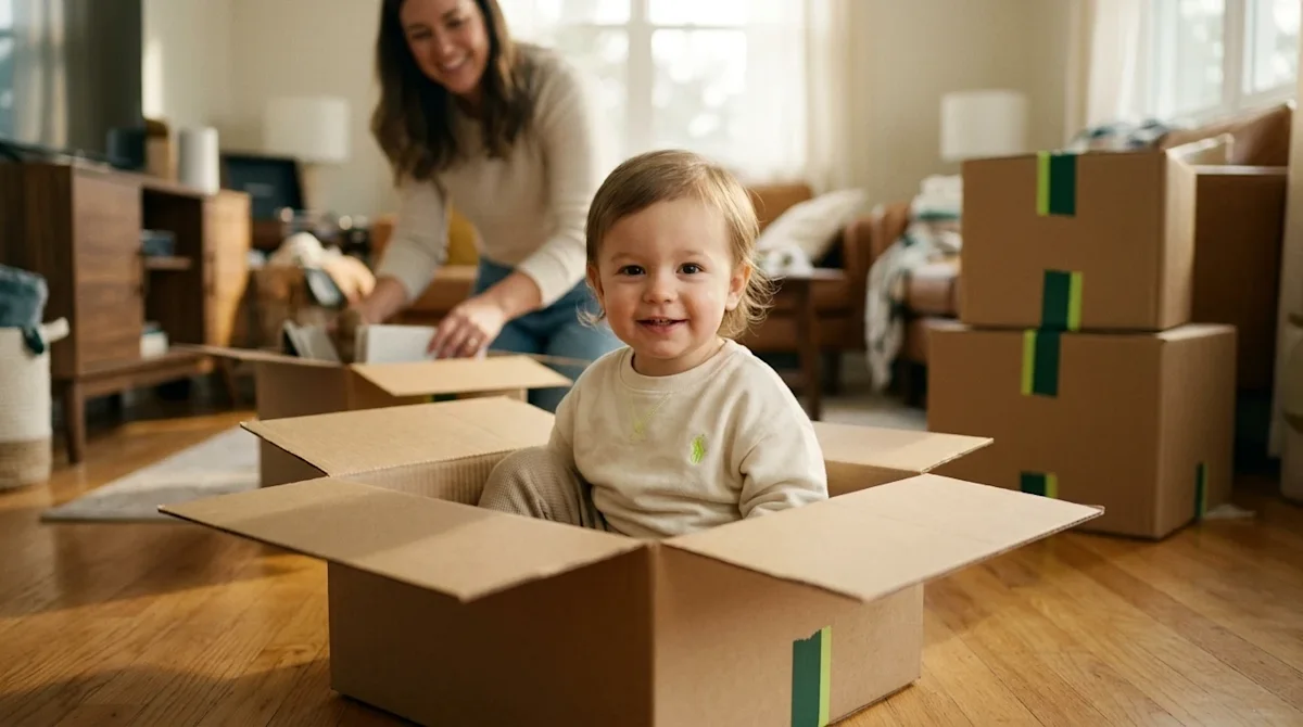 Authentic lifestyle photography of a cheerful toddler sitting on the hardwood floor of a sunlit, partially packed living room