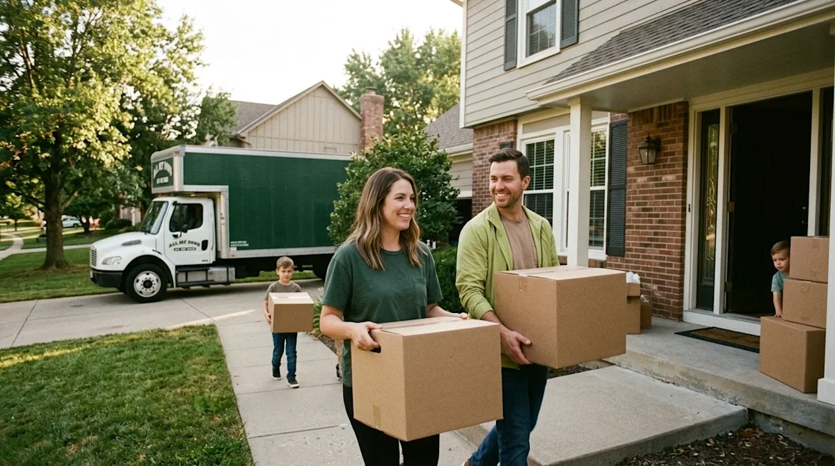 A candid, authentic lifestyle photograph shot on 35mm film depicting a happy family moving into a welcoming suburban home in