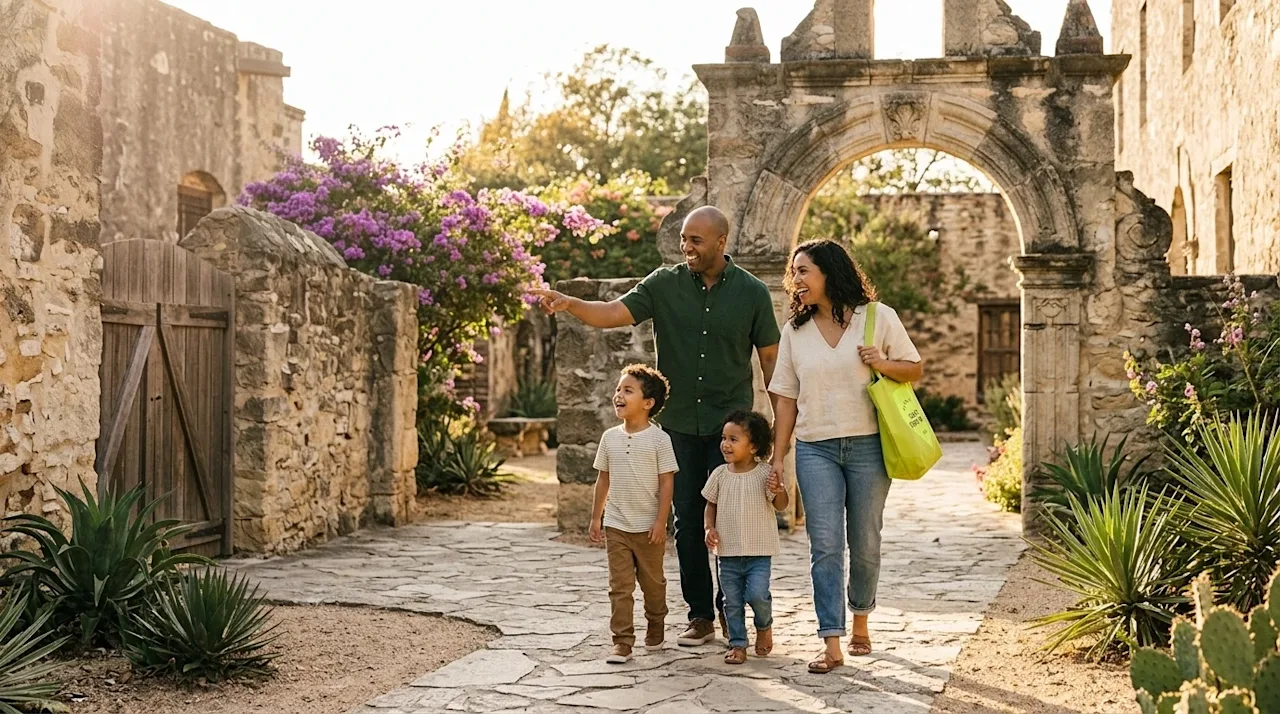Clear, professional marketing photography of a happy family enjoying a sunny outdoor afternoon exploring a historic neighborh