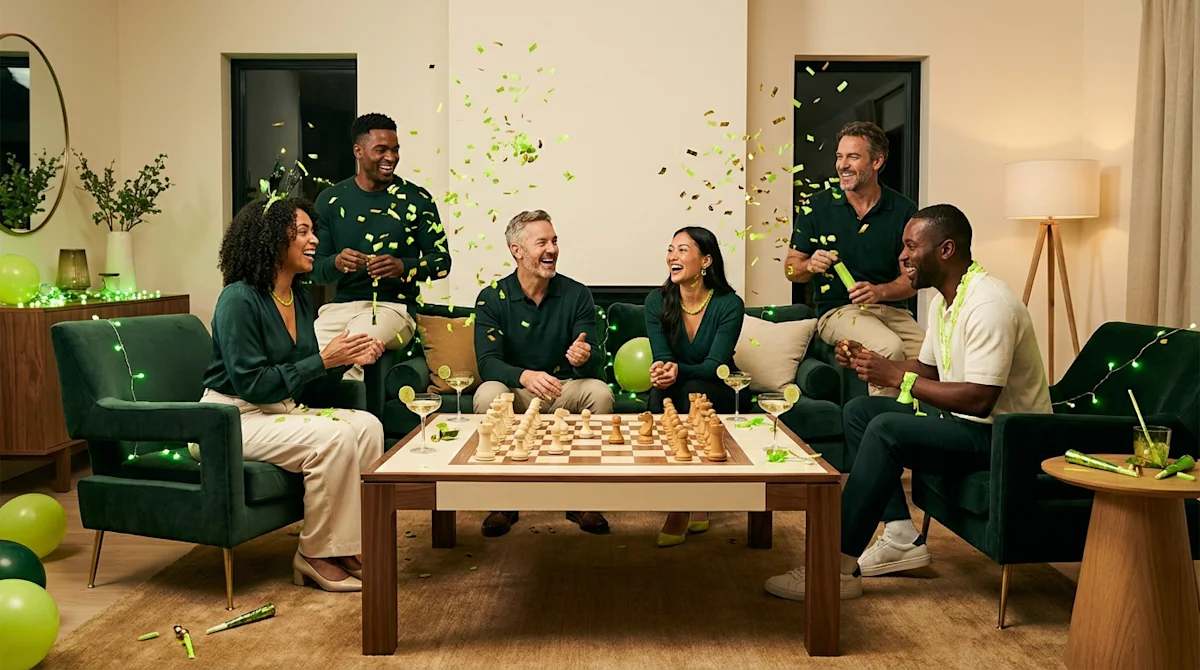 Diverse friends celebrating New Year's Eve with games in a stylish green and cream modern living room.