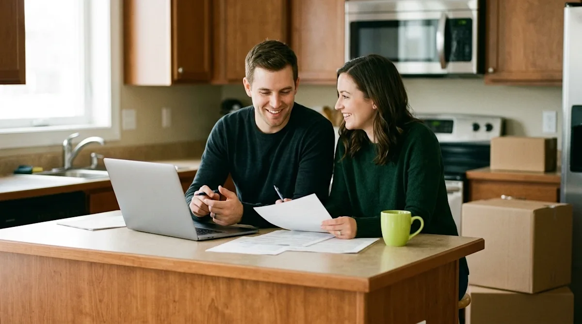 A clear, professional marketing photograph of a smiling couple sitting at a warm-wood kitchen island, reviewing financial pap