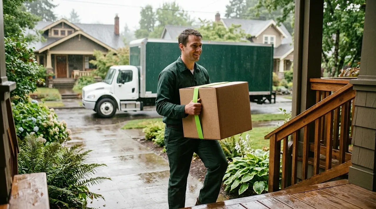 Professional marketing photography of a friendly mover carefully carrying a single sturdy cardboard moving box up the wet woo