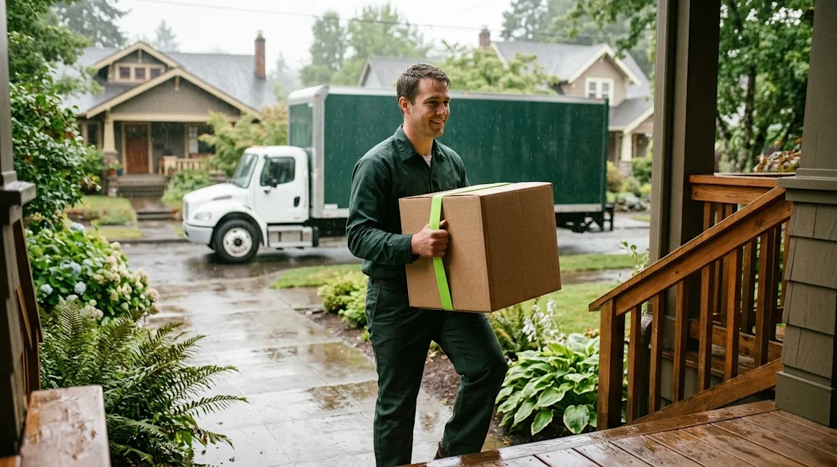 Professional marketing photography of a friendly mover carefully carrying a single sturdy cardboard moving box up the wet woo