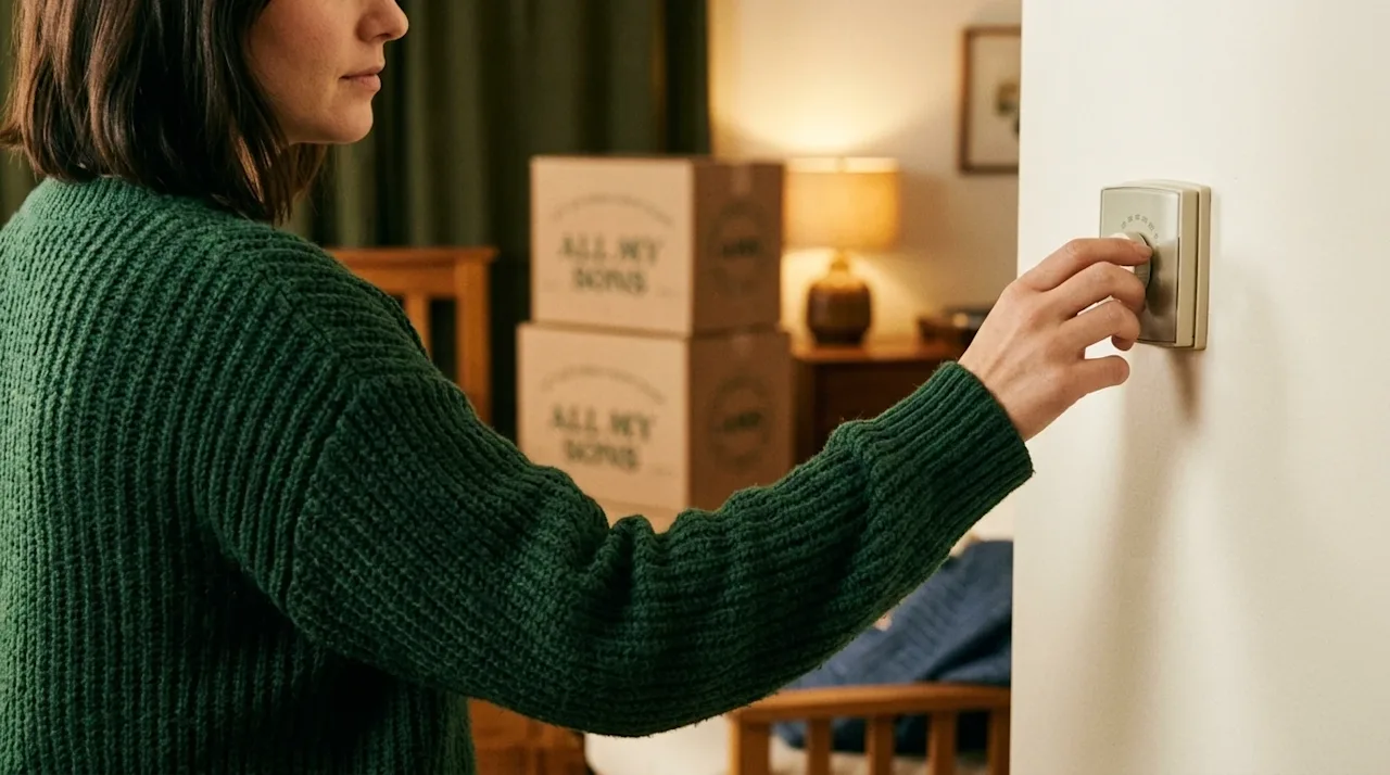 Candid lifestyle photography of a homeowner adjusting a wall thermostat in a cozy, warmly lit living room. The person is wear