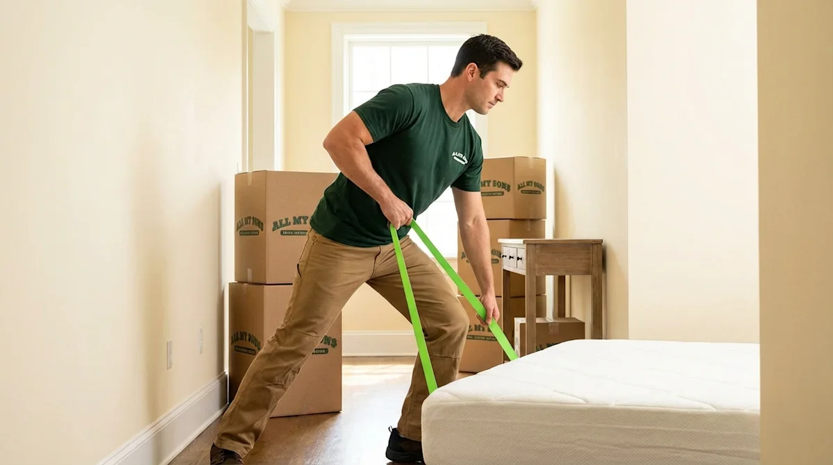A professional mover uses lime green ergonomic lifting straps to move a white mattress in a residential hallway.
