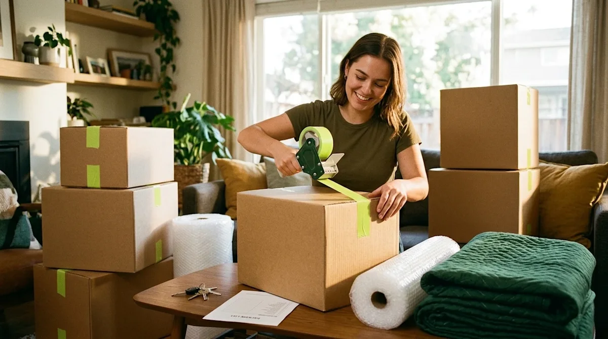 Candid lifestyle photography of a smiling young woman packing a natural brown cardboard moving box in a warm, sunlit home int