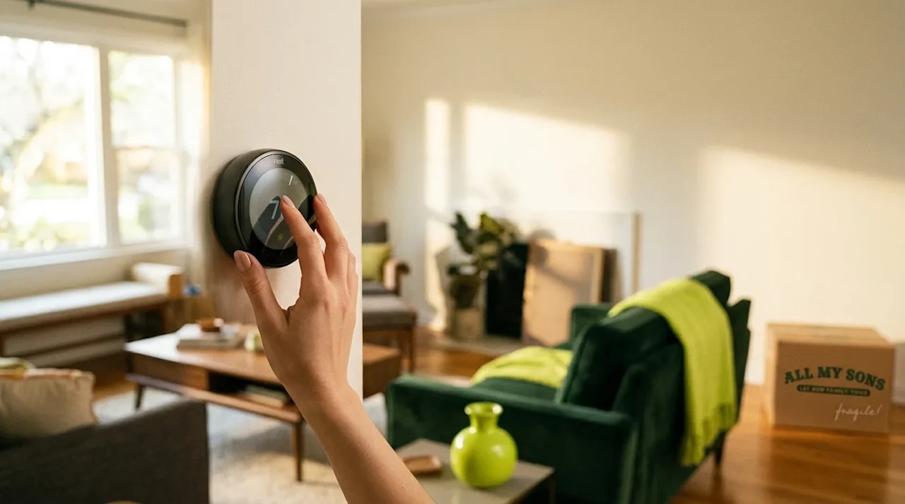 High-quality lifestyle photography of a person's hand adjusting a sleek, modern smart thermostat on a warm off-white wall. Th