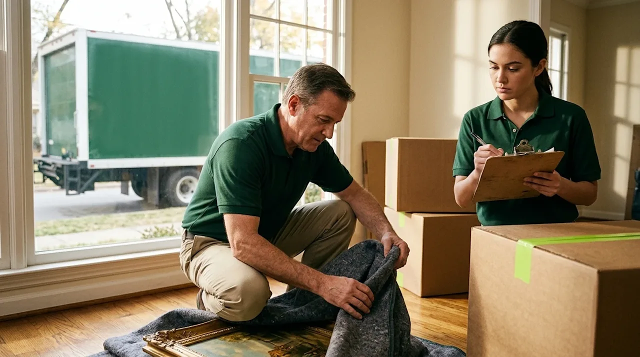 A candid, photorealistic lifestyle photograph conveying the concept of moving insurance, secure transport, and peace of mind.