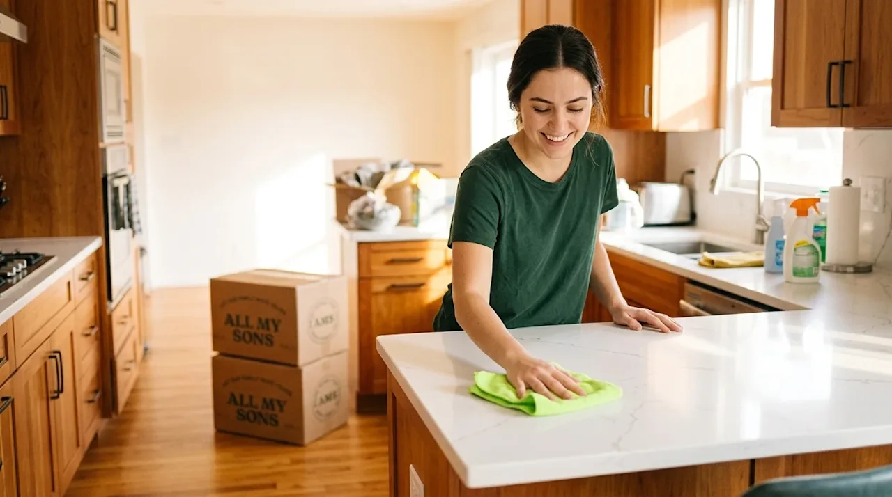 Clear, professional marketing photography of a cheerful person cleaning an apartment kitchen in preparation for moving out. T