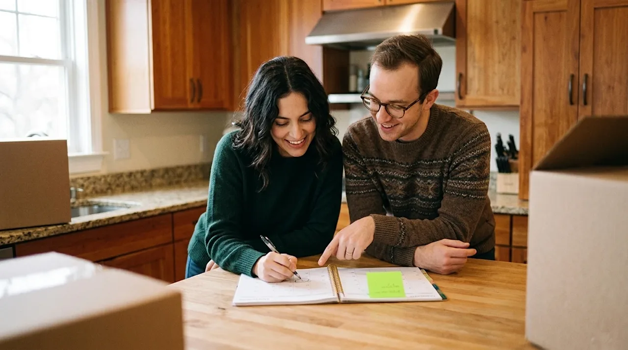 Candid lifestyle photography of a young couple standing at a wooden kitchen island, happily discussing and pointing at an ope