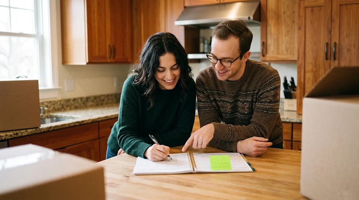 Candid lifestyle photography of a young couple standing at a wooden kitchen island, happily discussing and pointing at an ope