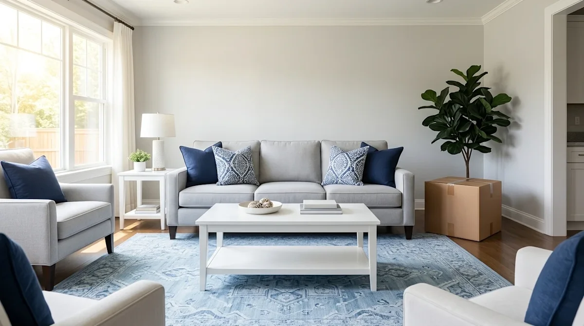 Clear, professional interior marketing photography of a bright, beautifully decorated living room featuring a cohesive color
