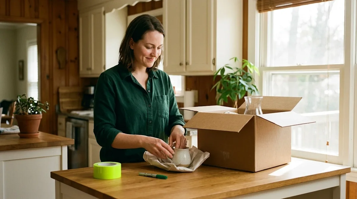Candid lifestyle photography of a friendly person carefully packing delicate household items into a sturdy cardboard moving b