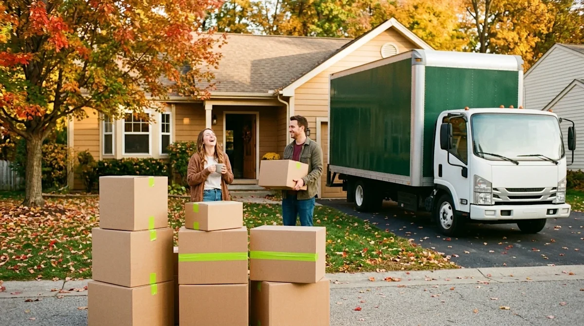 A warm, inviting lifestyle photograph of a happy couple moving into their new home on a crisp autumn day, shot in a nostalgic
