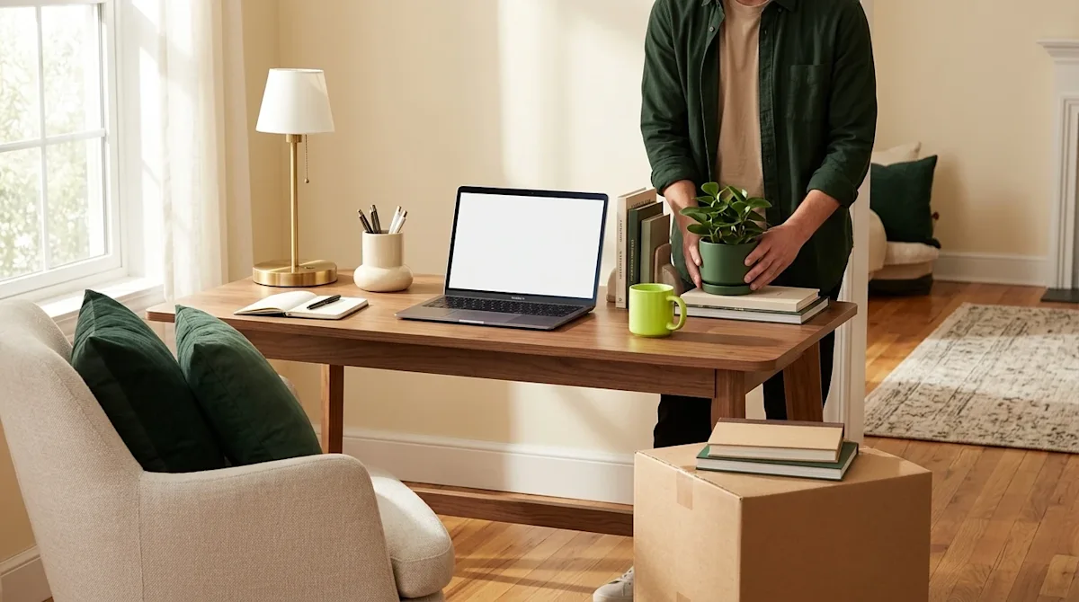 Professional marketing photography of a stylish, modern home office workspace seamlessly integrated into the corner of a cozy