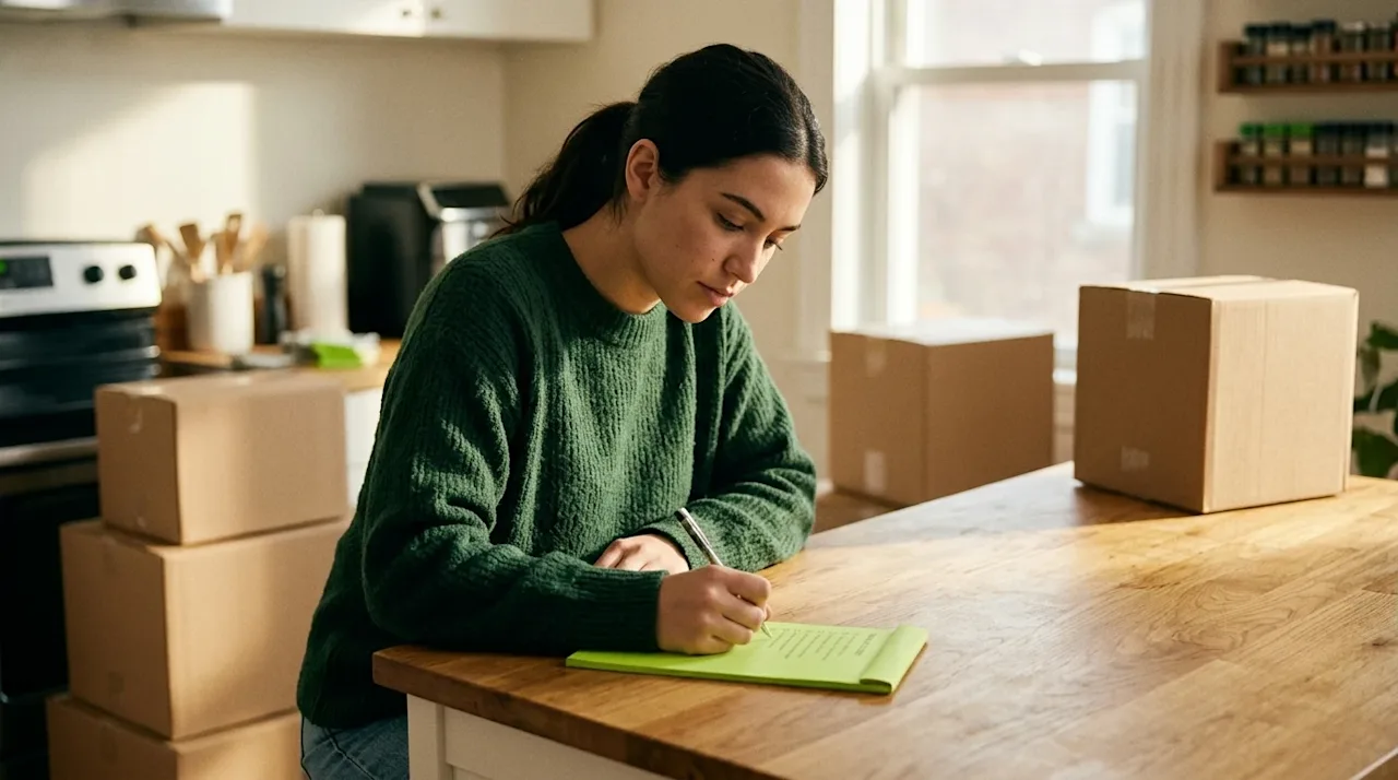 A candid, documentary-style lifestyle photograph of a person preparing for a move, sitting at a warm wooden kitchen island. T