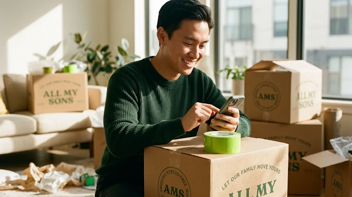 Professional marketing lifestyle photography of a smiling person comfortably sitting on a sturdy kraft brown moving box in a