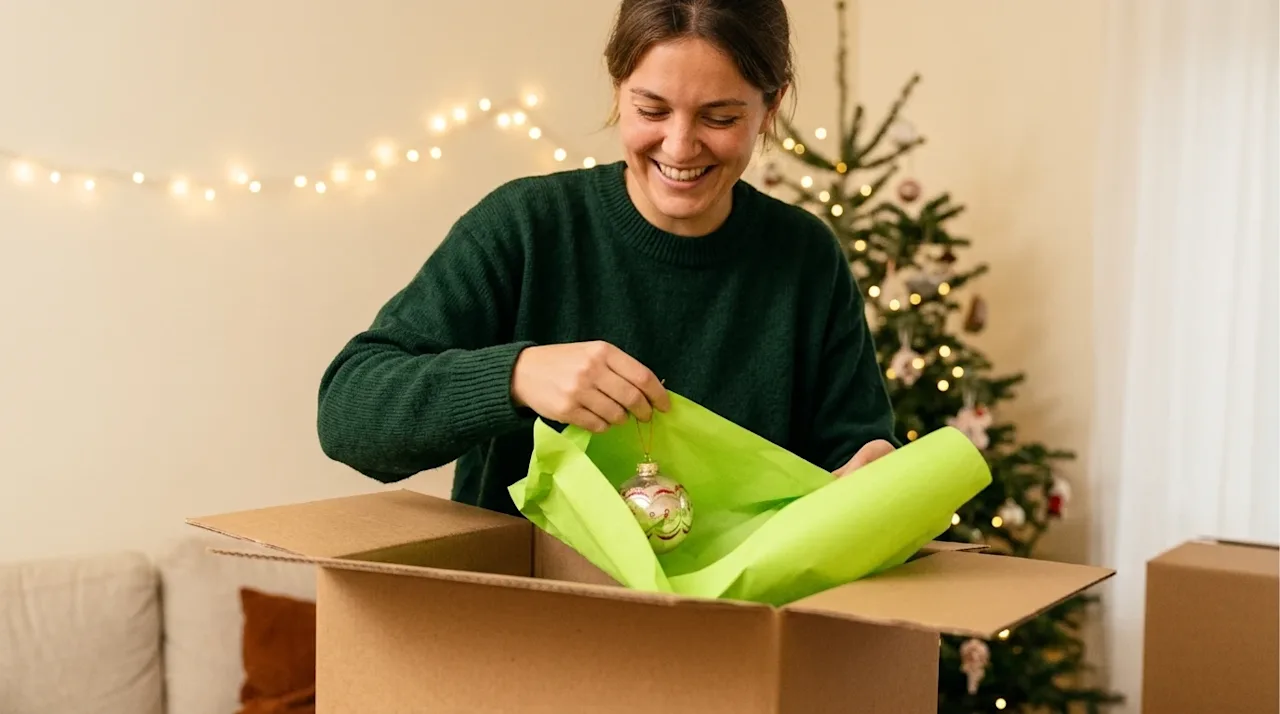 Professional marketing photography, authentic candid lifestyle shot of a cheerful couple packing for a move during the winter