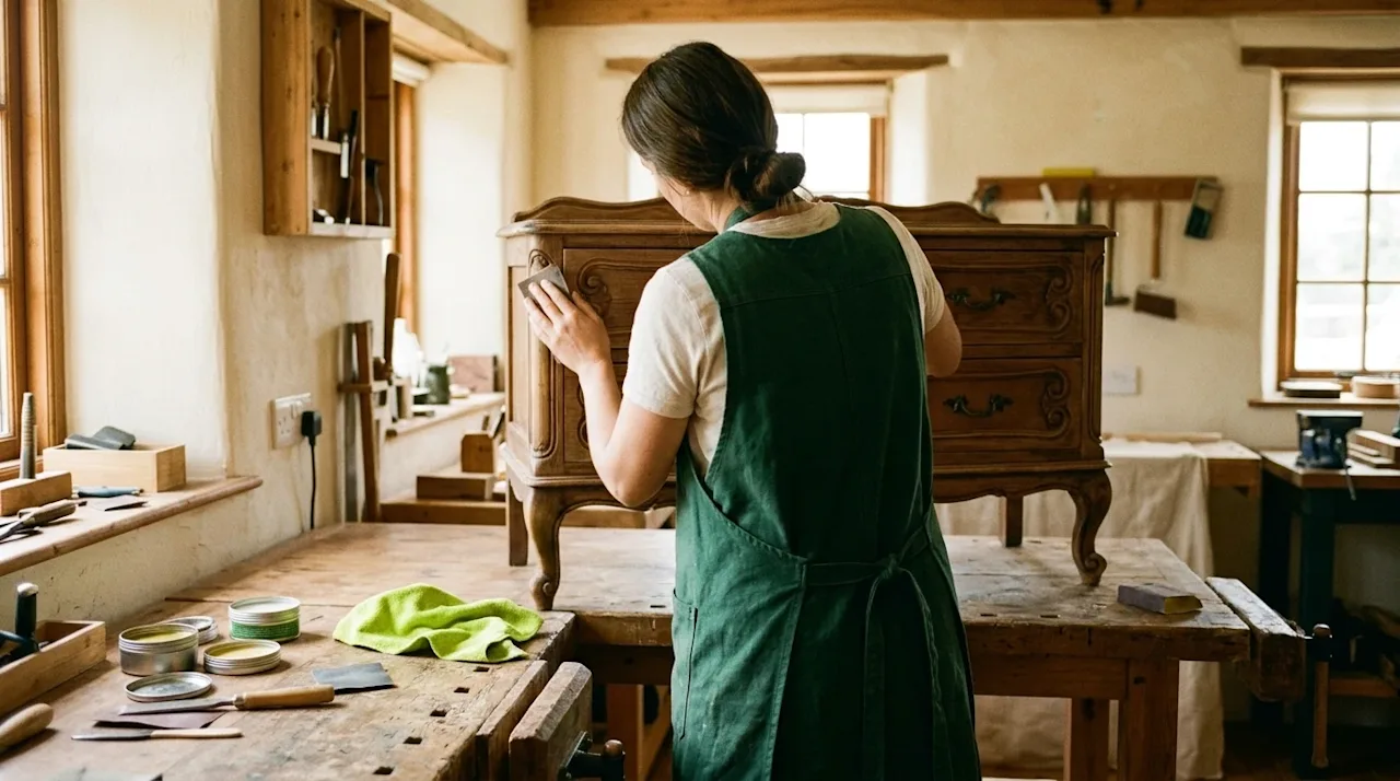 Authentic lifestyle photography of a person making a piece of wood furniture look antique, serving as a blog hero image. A me