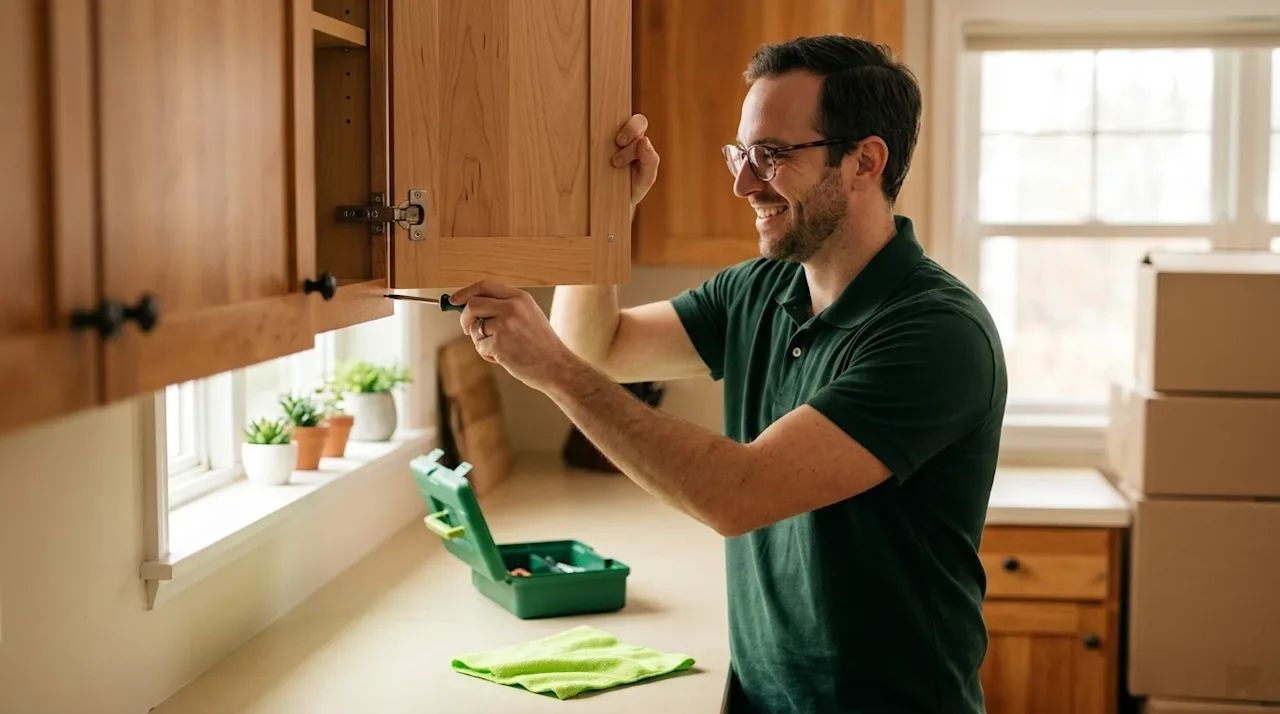 Professional marketing photography of a relatable homeowner doing a quick and easy home repair in a warm, inviting kitchen. T