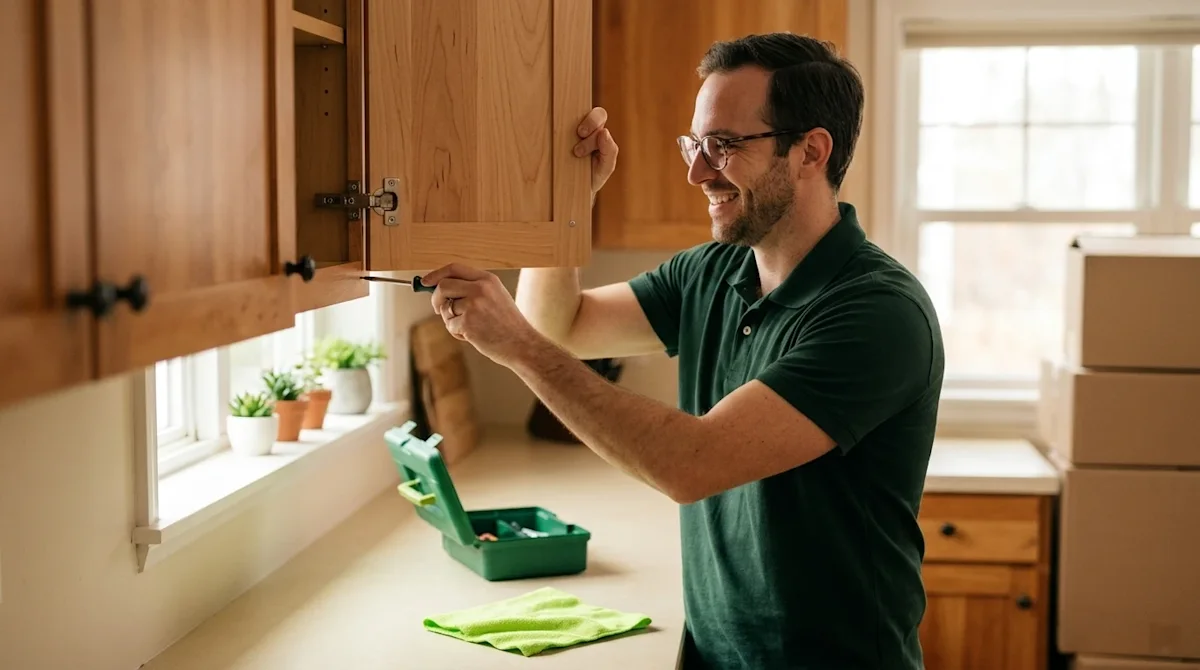 Professional marketing photography of a relatable homeowner doing a quick and easy home repair in a warm, inviting kitchen. T
