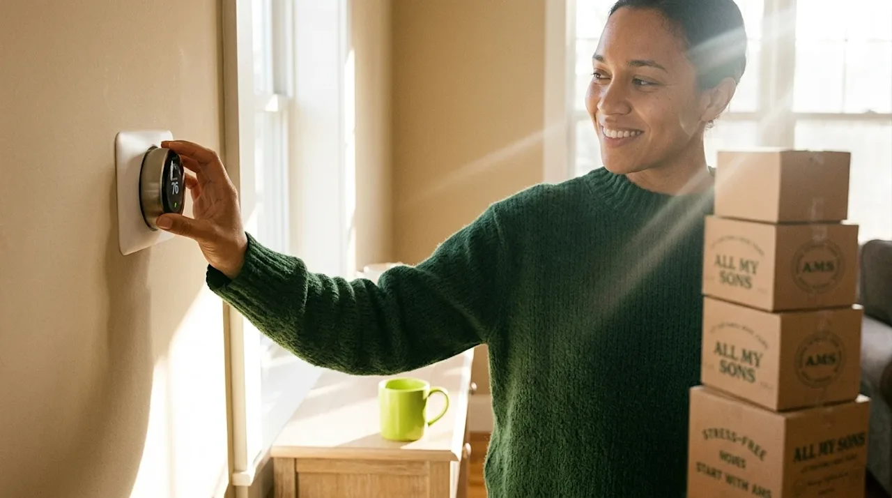 Candid, lifestyle photography of a person smiling while adjusting a modern energy-saving smart thermostat on a warm beige wal