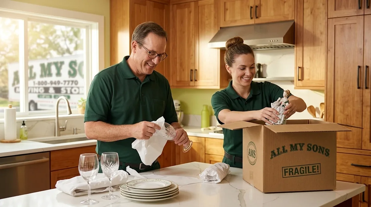 Professional marketing photography of two friendly, experienced movers carefully wrapping and packing delicate household item