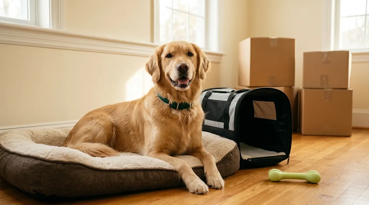 Professional lifestyle marketing photography of a calm and happy dog sitting comfortably on a cozy dog bed in a sunlit living