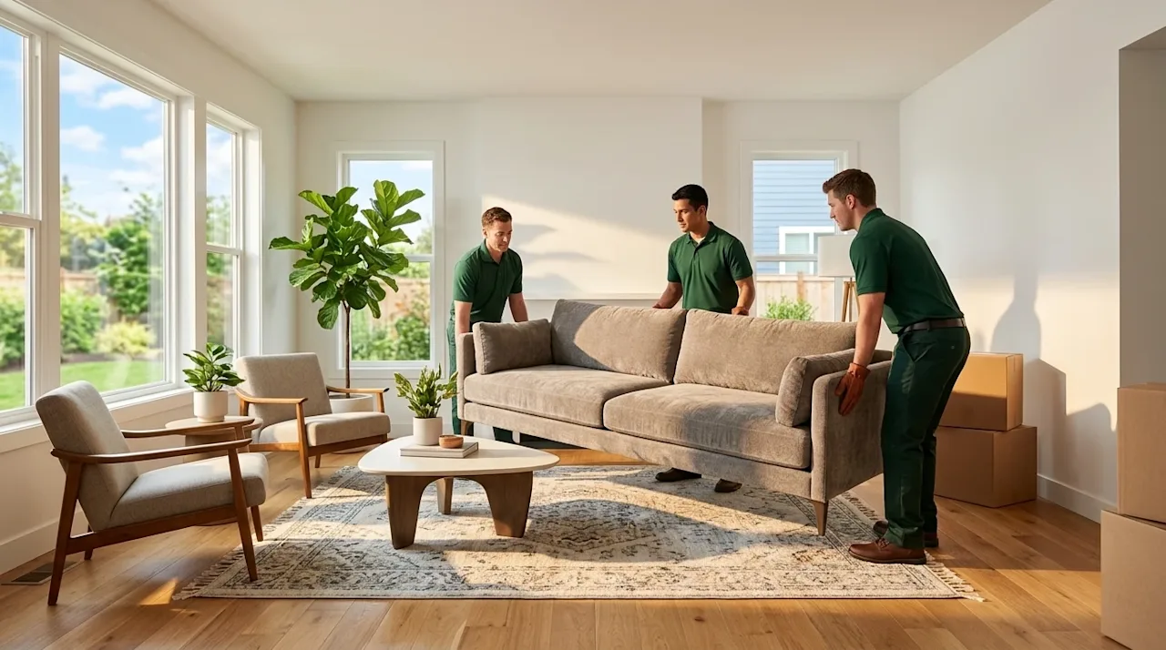 Professional interior photography of a bright, inviting, modern living room in a new home, focusing on pristine, stylish furn