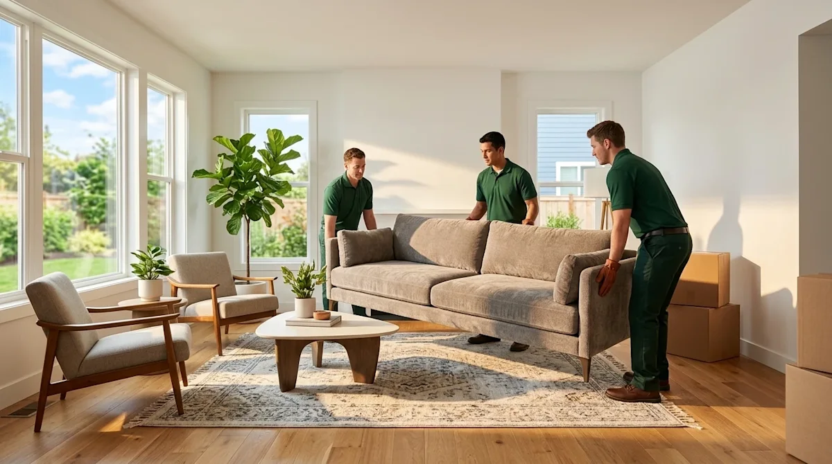 Professional interior photography of a bright, inviting, modern living room in a new home, focusing on pristine, stylish furn