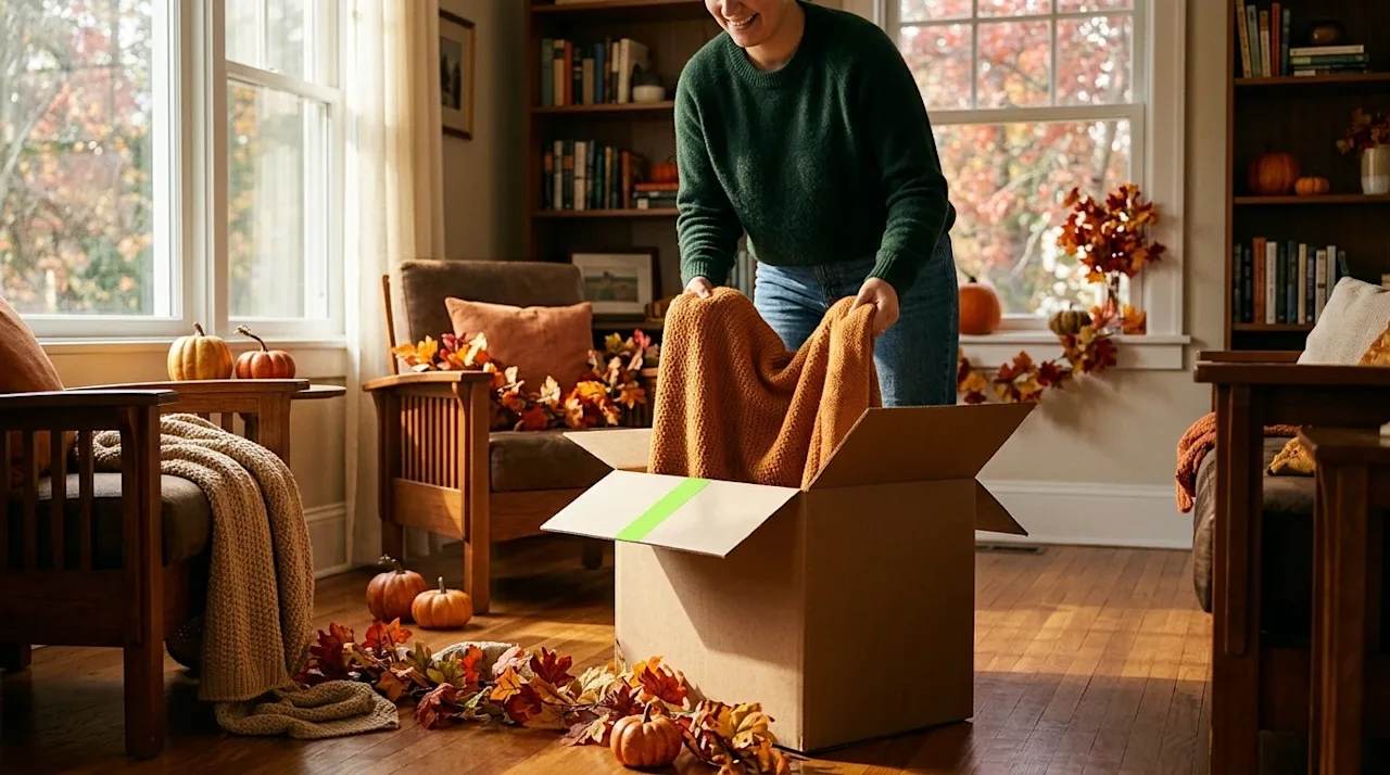 High-quality lifestyle photography of a person happily decorating their warm, inviting living room for the fall season. They