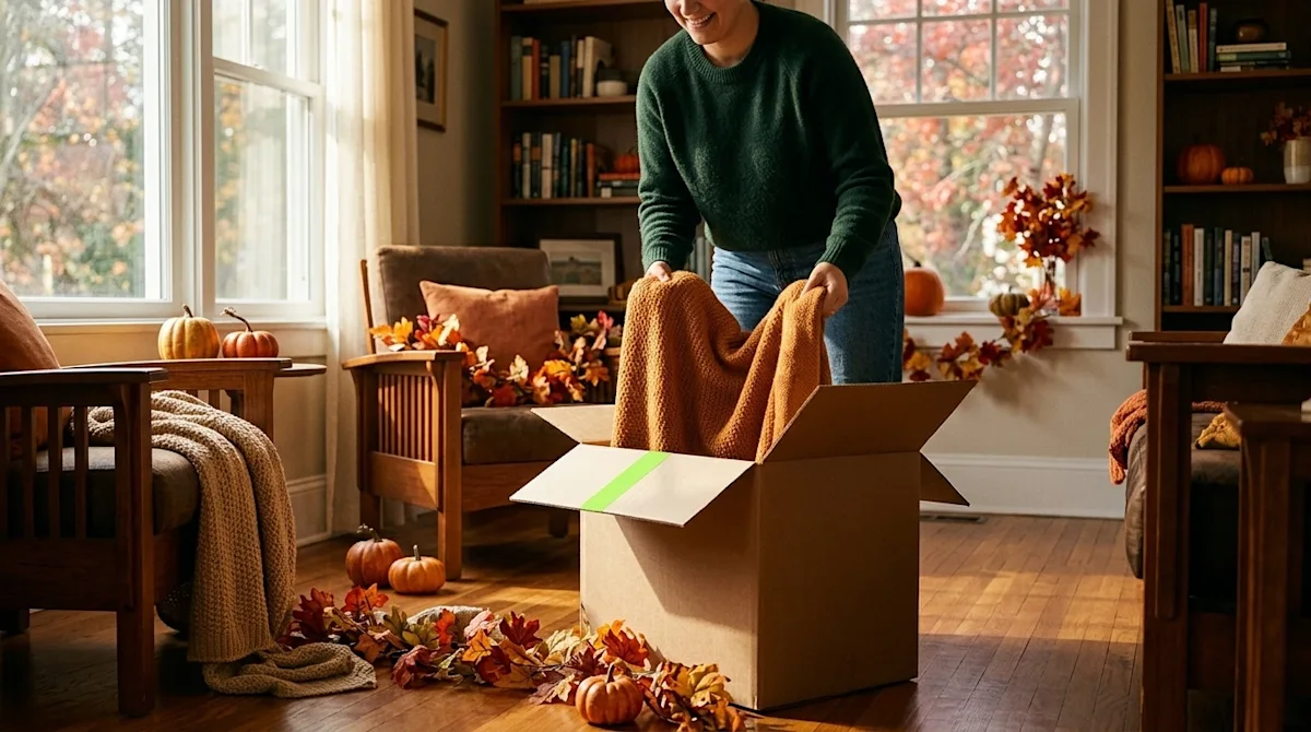 High-quality lifestyle photography of a person happily decorating their warm, inviting living room for the fall season. They
