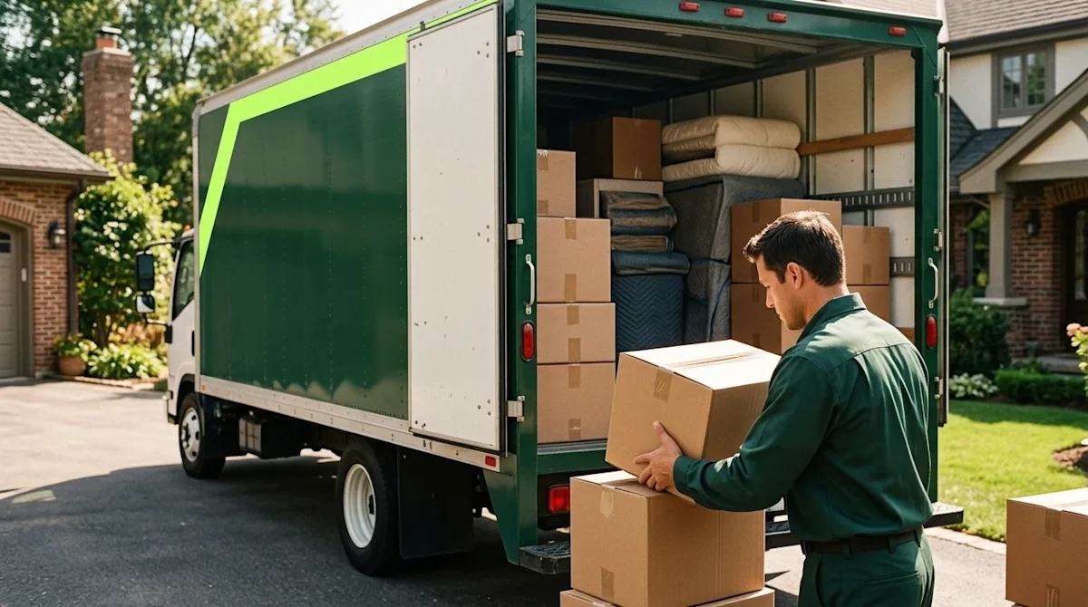A professional mover carefully loading neatly taped brown cardboard boxes onto a moving truck.