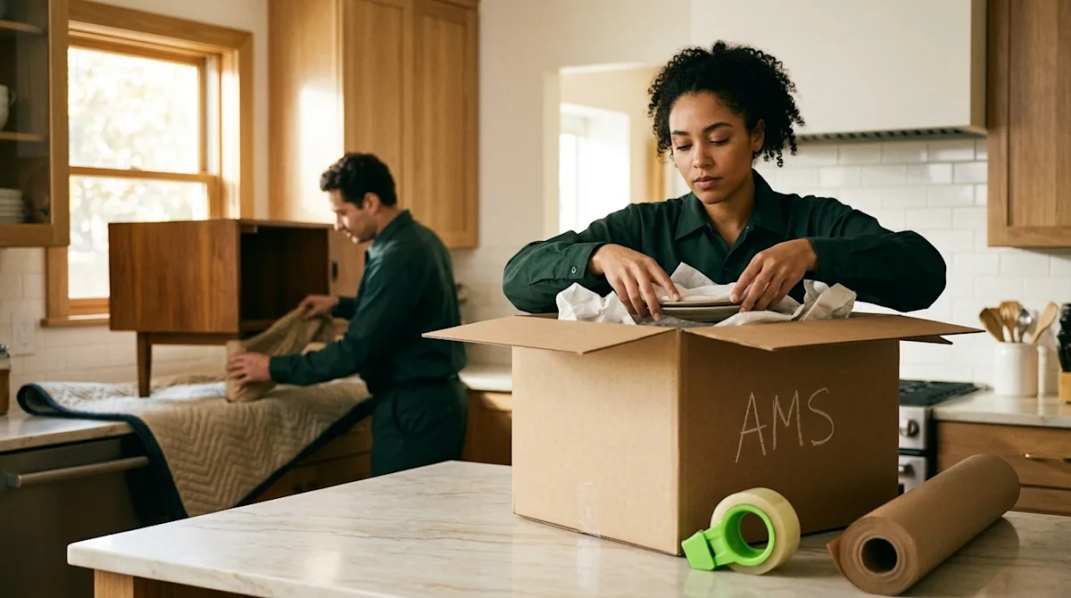 Candid editorial photography of a full-service moving process inside a bright, warmly lit home. In the foreground, a professi
