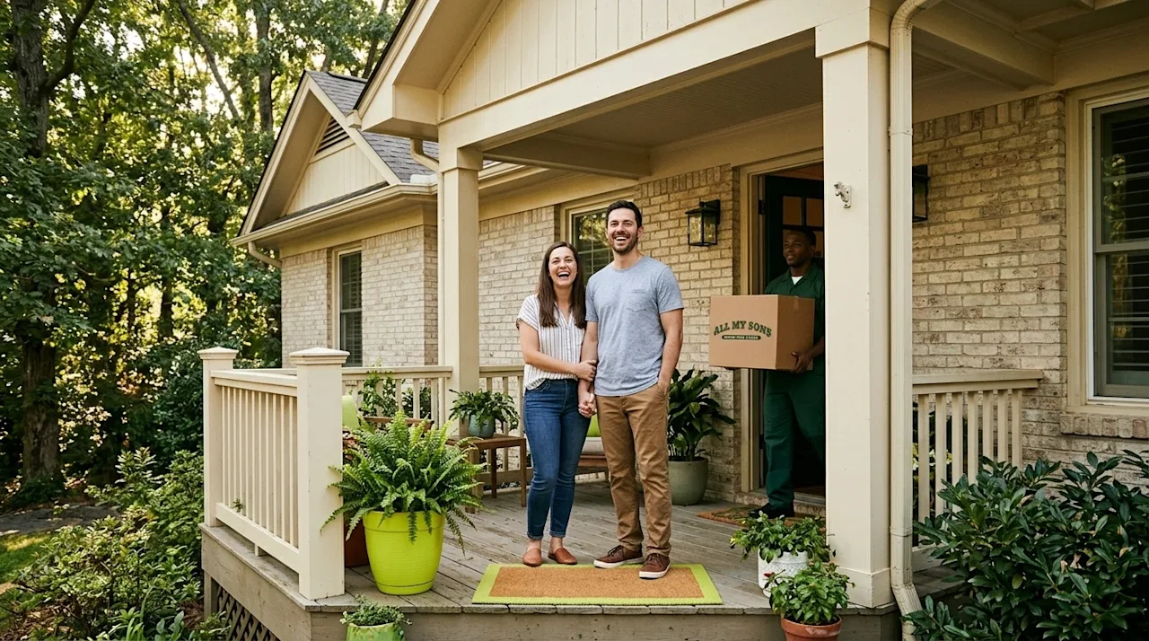 Professional marketing lifestyle photography of a happy couple standing on the front porch of a charming, welcoming home in R