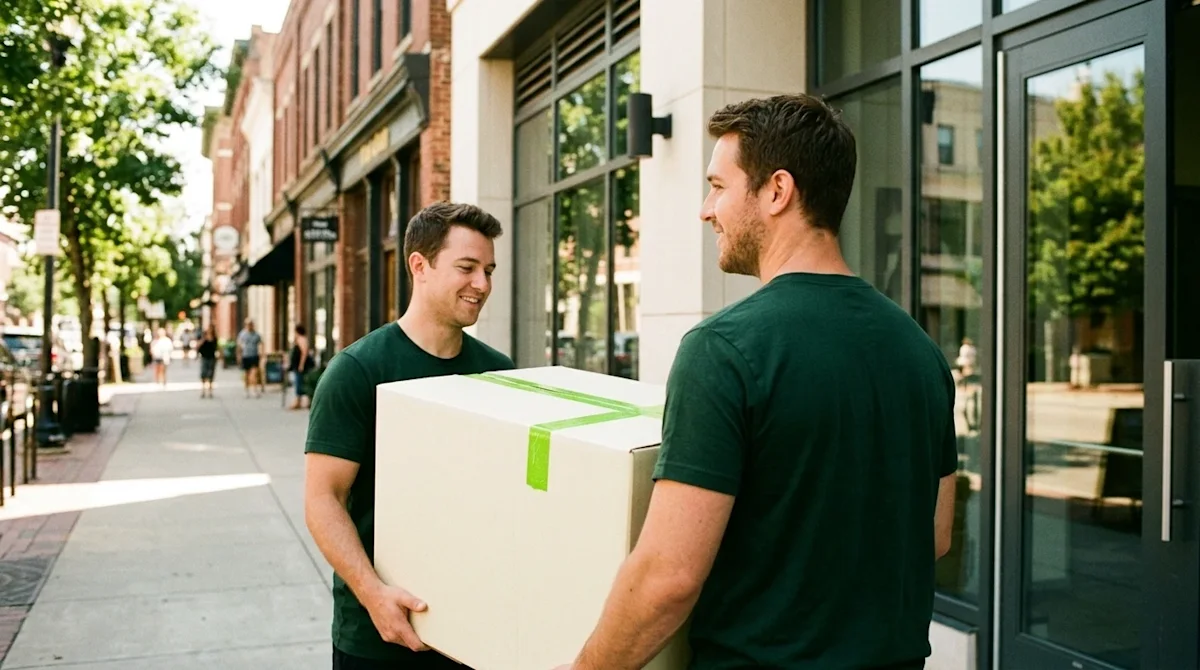 A candid, lifestyle photograph shot on 35mm film showing a successful moving day in a popular, vibrant downtown district. Two