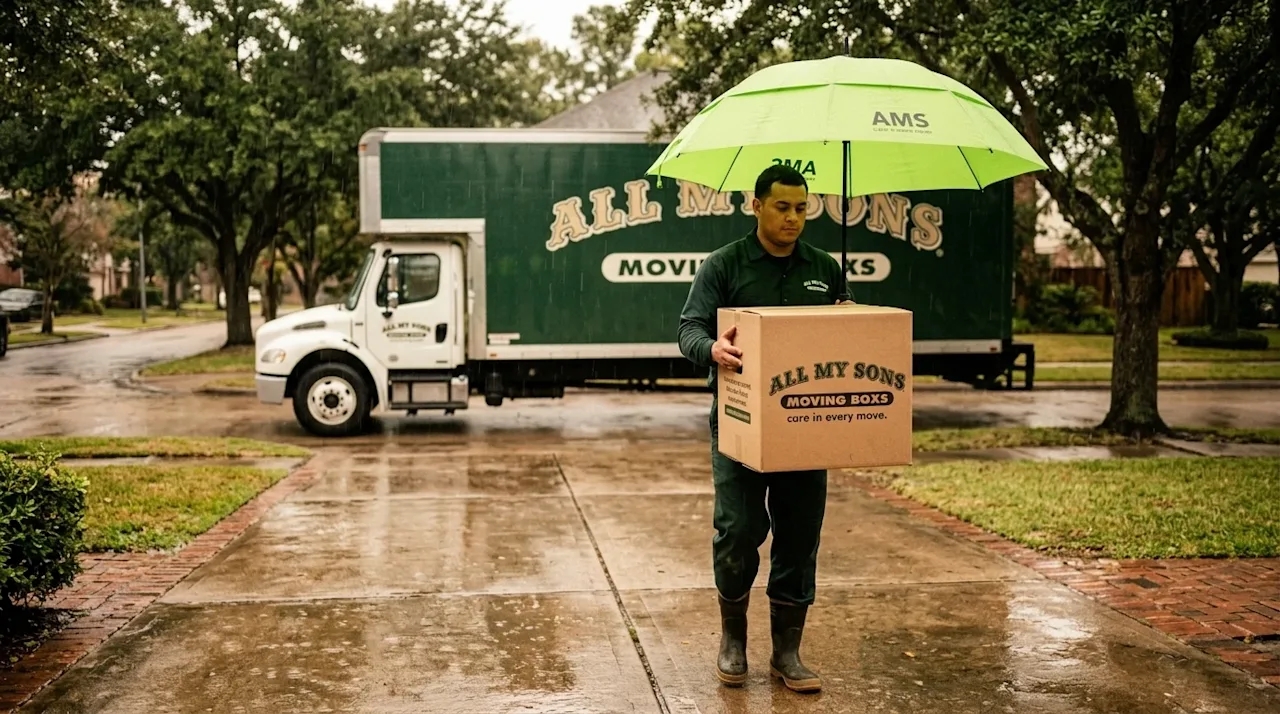 Cinematic lifestyle photography of a residential move in Houston during a steady rain. A professional mover wearing a dark hu