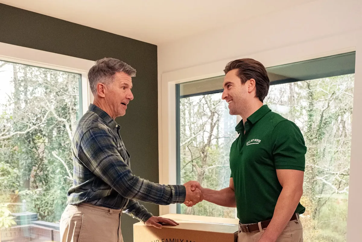 A moving customer shakes hands with an All My Sons moving crew member before a long-distance relocation. 