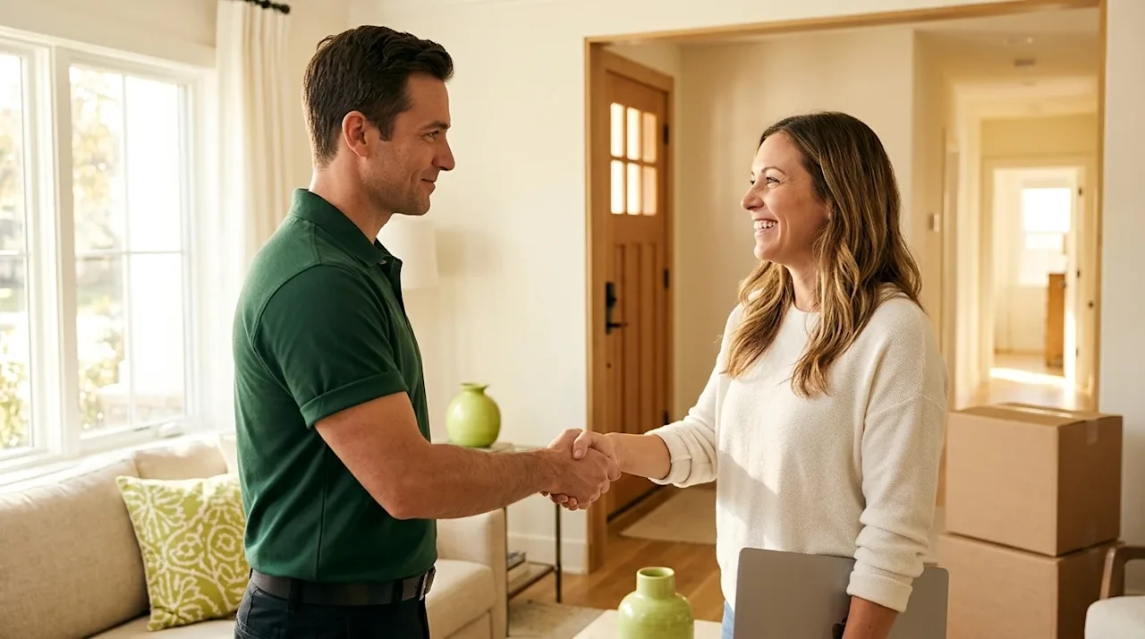 Professional marketing lifestyle photography illustrating the direct, hands-on service of a moving company. In a bright, sunl