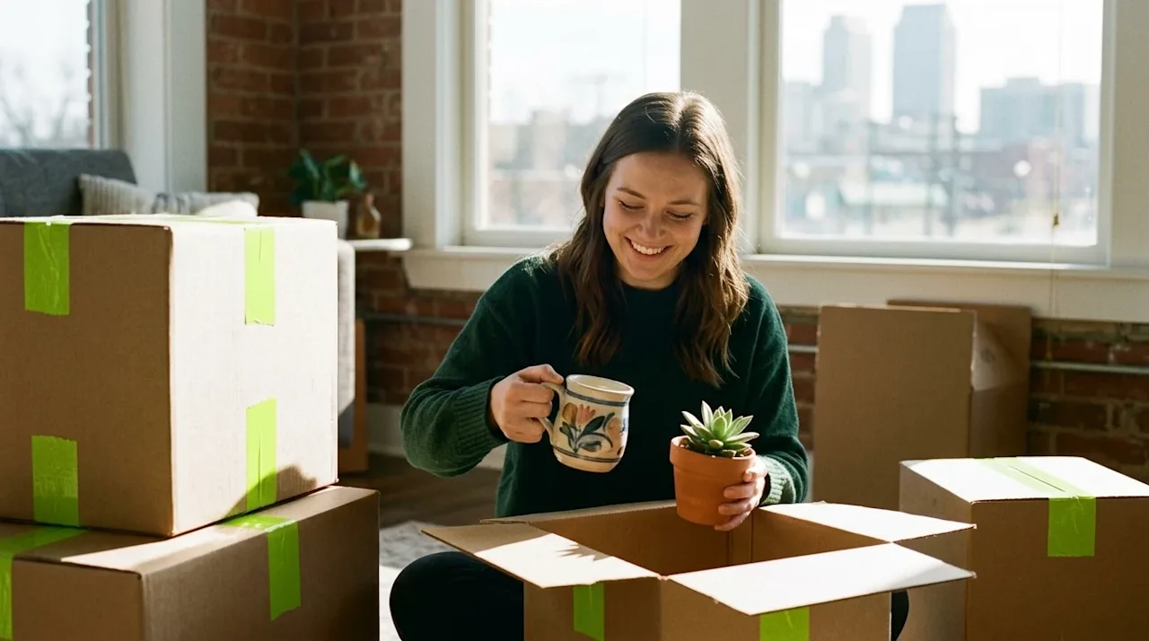 Candid lifestyle photography, 35mm film aesthetic. A young professional smiling warmly while unpacking cardboard moving boxes