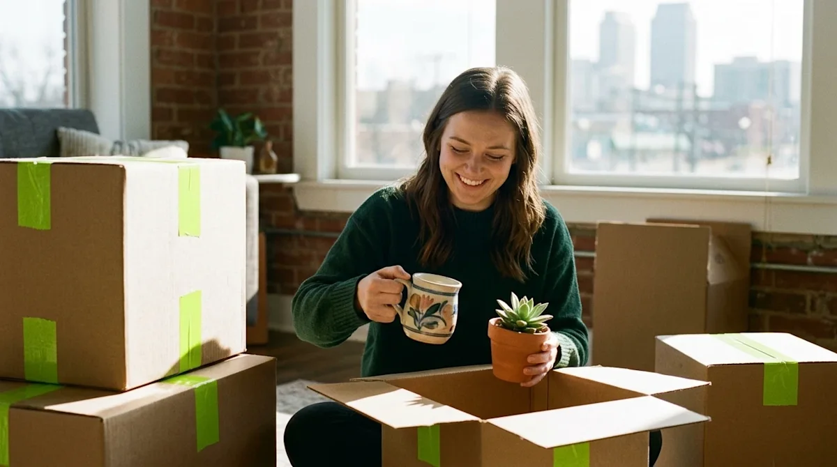 Candid lifestyle photography, 35mm film aesthetic. A young professional smiling warmly while unpacking cardboard moving boxes