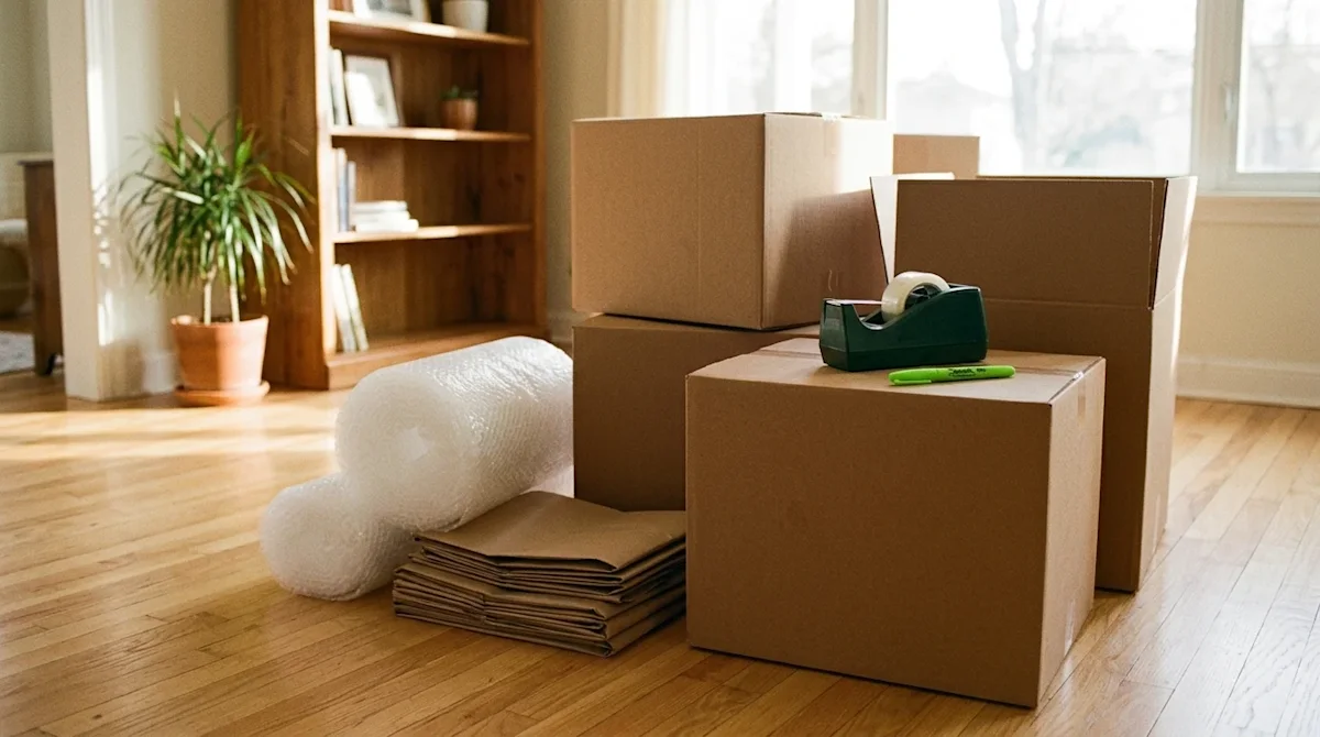 Candid lifestyle 35mm film photography of a well-organized packing setup in a warm, sunlit home interior. High-quality brown