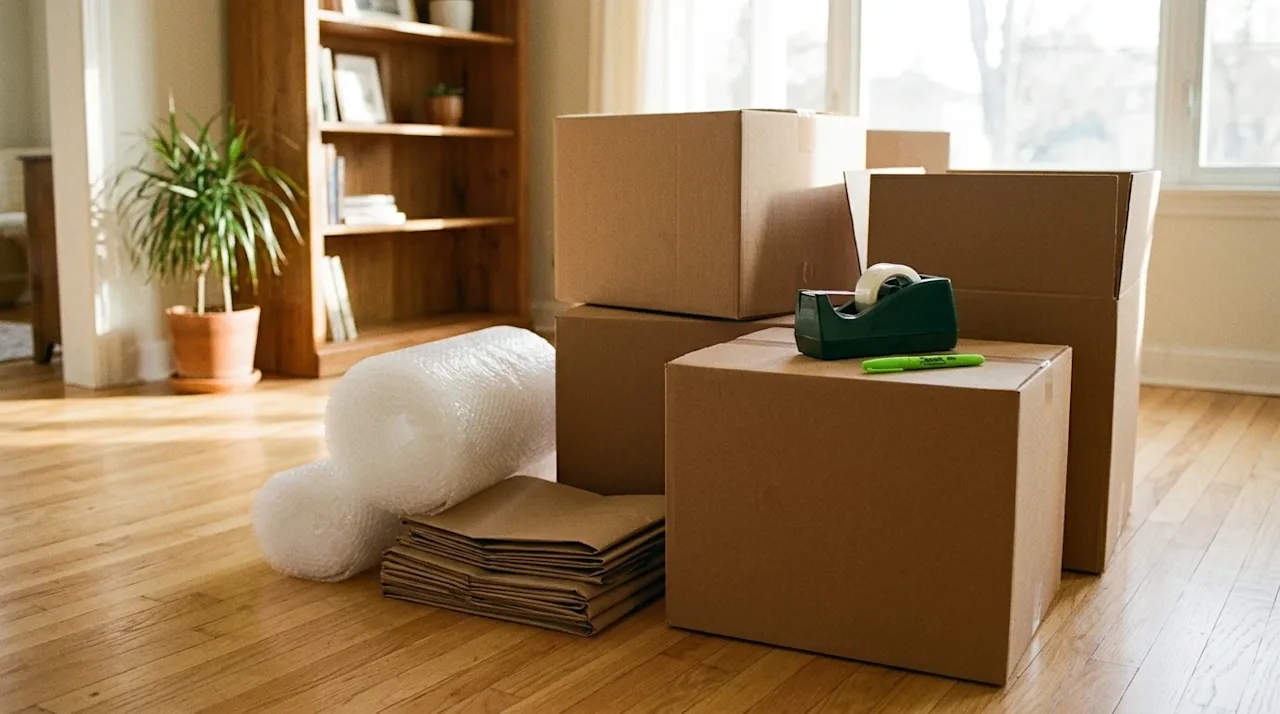 Candid lifestyle 35mm film photography of a well-organized packing setup in a warm, sunlit home interior. High-quality brown