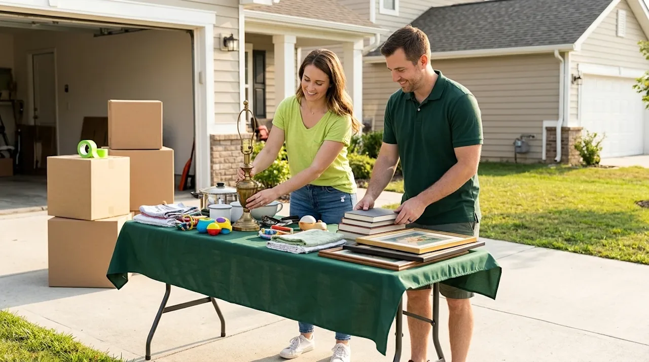 Clear and professional marketing photography of a bright, inviting yard sale in a sunny suburban driveway, organized before a