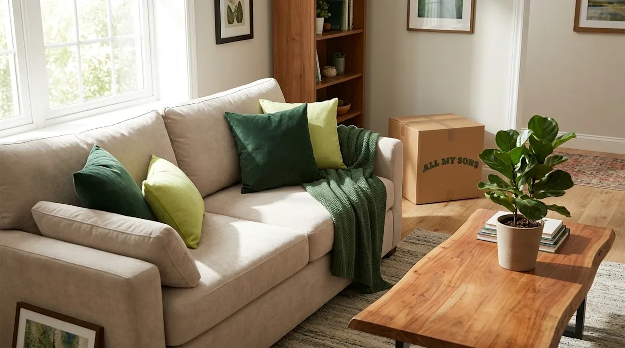 Professional lifestyle photography of a cozy, inviting, newly settled living room. The room features a comfortable, plush neu